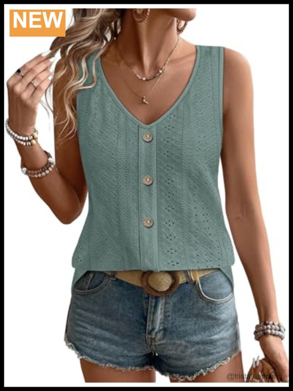 Womens Eyelet V Neck Tank Top Loose Sleeveless Casual Summer Shirt